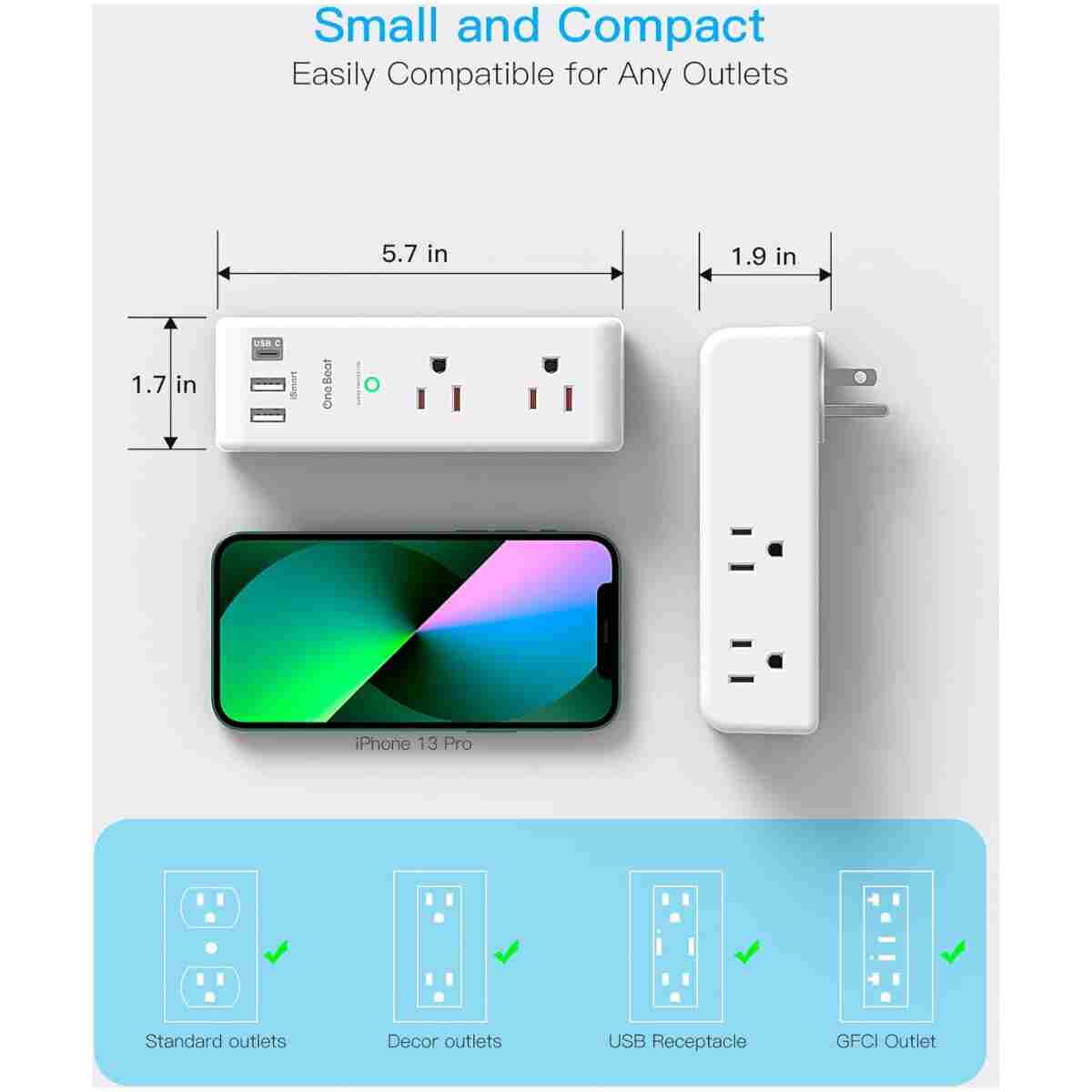 Surge Protector Outlet Extender - with Rotating Plug, 6 AC Multi Plug Outlet with 3 USB Ports (1 USB C), 1800J Wall Charger, 3-Sided Power Strip with Spaced Outlet Splitter for...