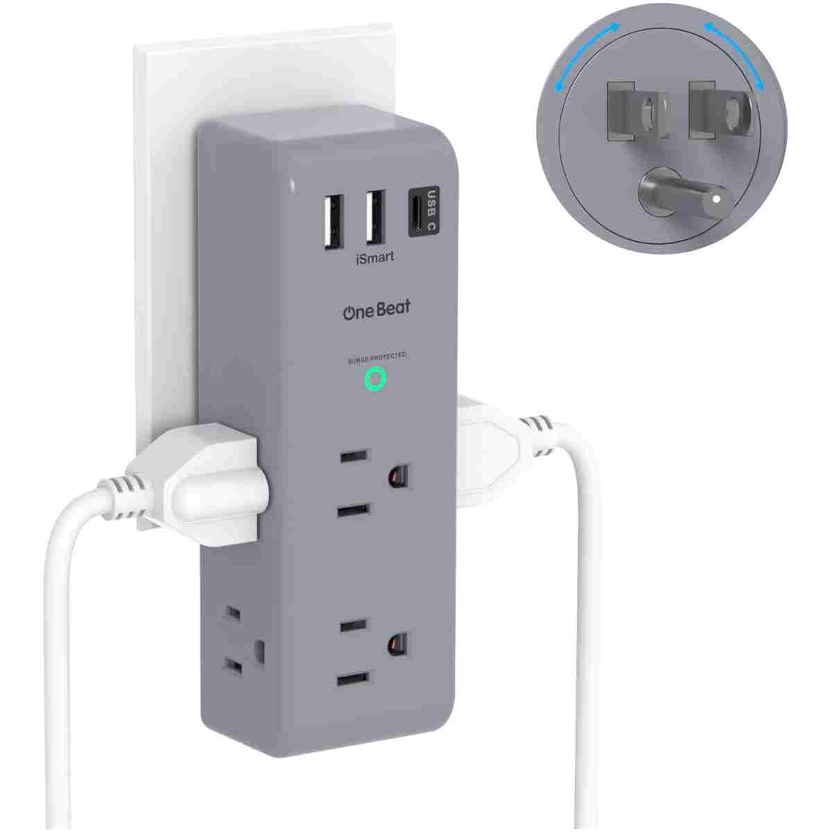 Surge Protector Outlet Extender - with Rotating Plug, 6 AC Multi Plug Outlet with 3 USB Ports (1 USB C), 1800J Wall Charger, 3-Sided Power Strip with Spaced Outlet Splitter for...