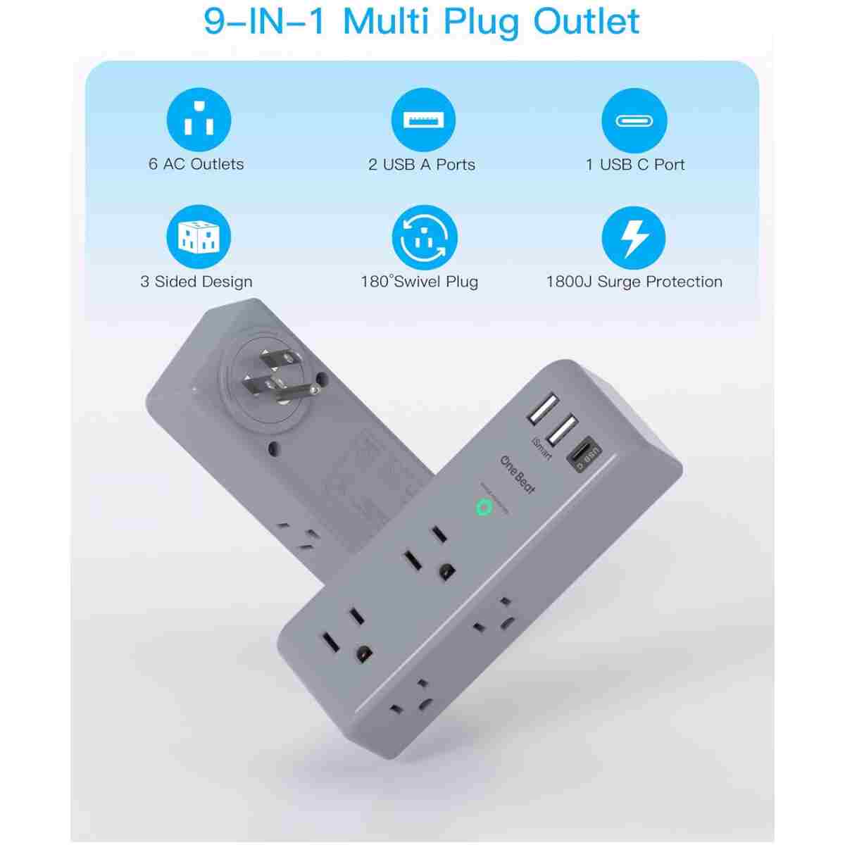 Surge Protector Outlet Extender - with Rotating Plug, 6 AC Multi Plug Outlet with 3 USB Ports (1 USB C), 1800J Wall Charger, 3-Sided Power Strip with Spaced Outlet Splitter for...