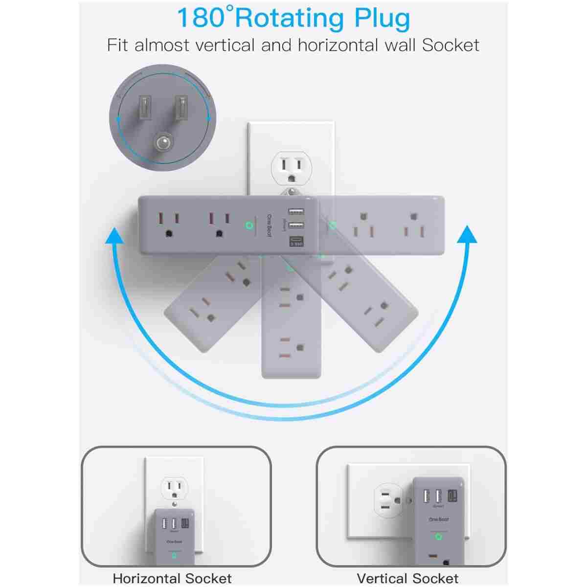Surge Protector Outlet Extender - with Rotating Plug, 6 AC Multi Plug Outlet with 3 USB Ports (1 USB C), 1800J Wall Charger, 3-Sided Power Strip with Spaced Outlet Splitter for...