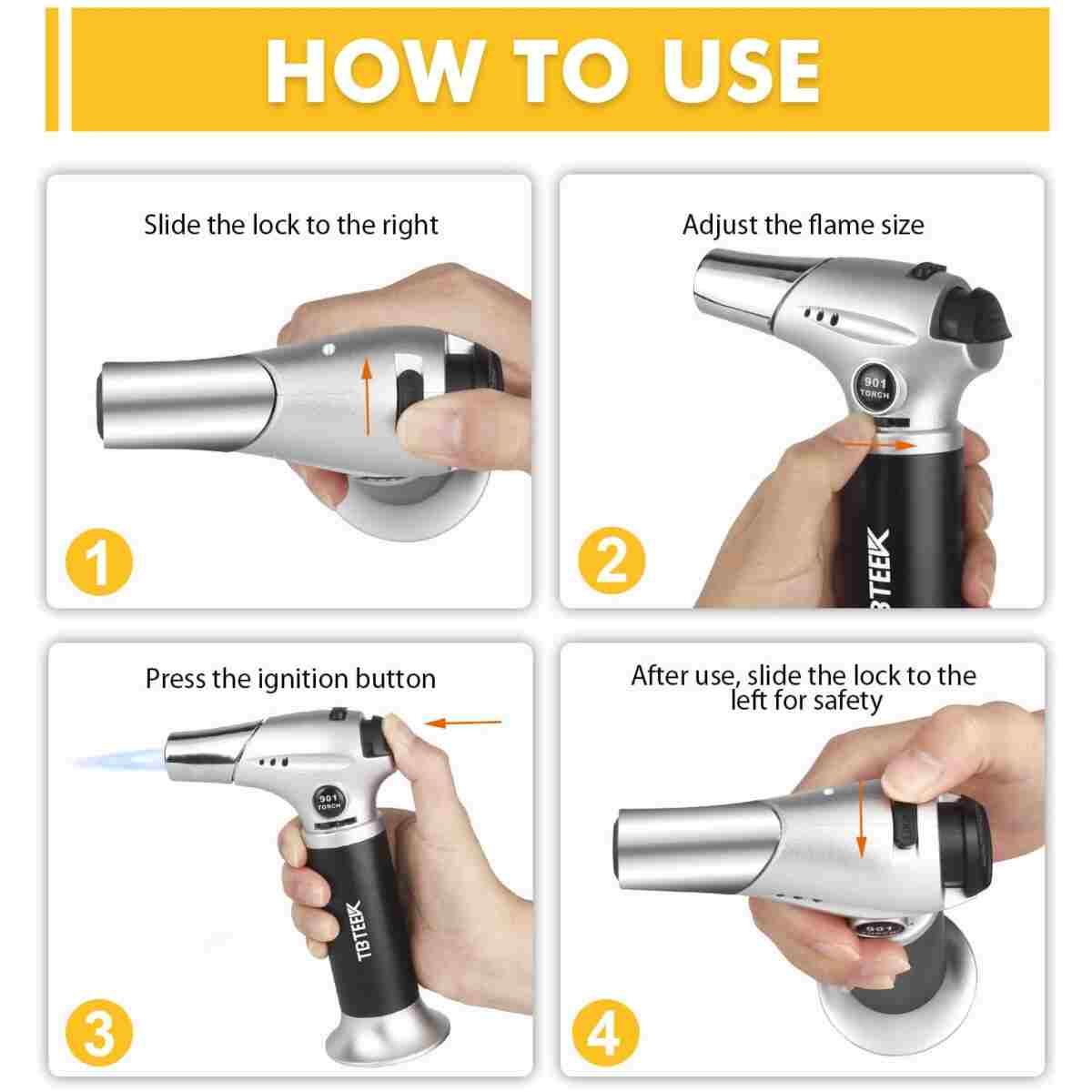 TBTEEK Butane Torch, Kitchen Torch Cooking Torch with Safety Lock & Adjustable Flame for Cooking, BBQ, Baking, Brulee, Creme, DIY Soldering(Butane Not Included)