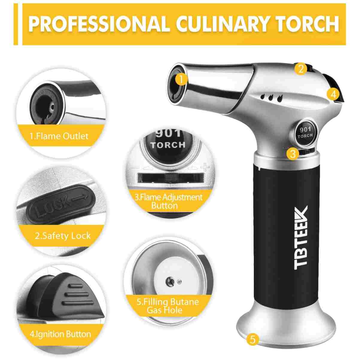TBTEEK Butane Torch, Kitchen Torch Cooking Torch with Safety Lock & Adjustable Flame for Cooking, BBQ, Baking, Brulee, Creme, DIY Soldering(Butane Not Included)