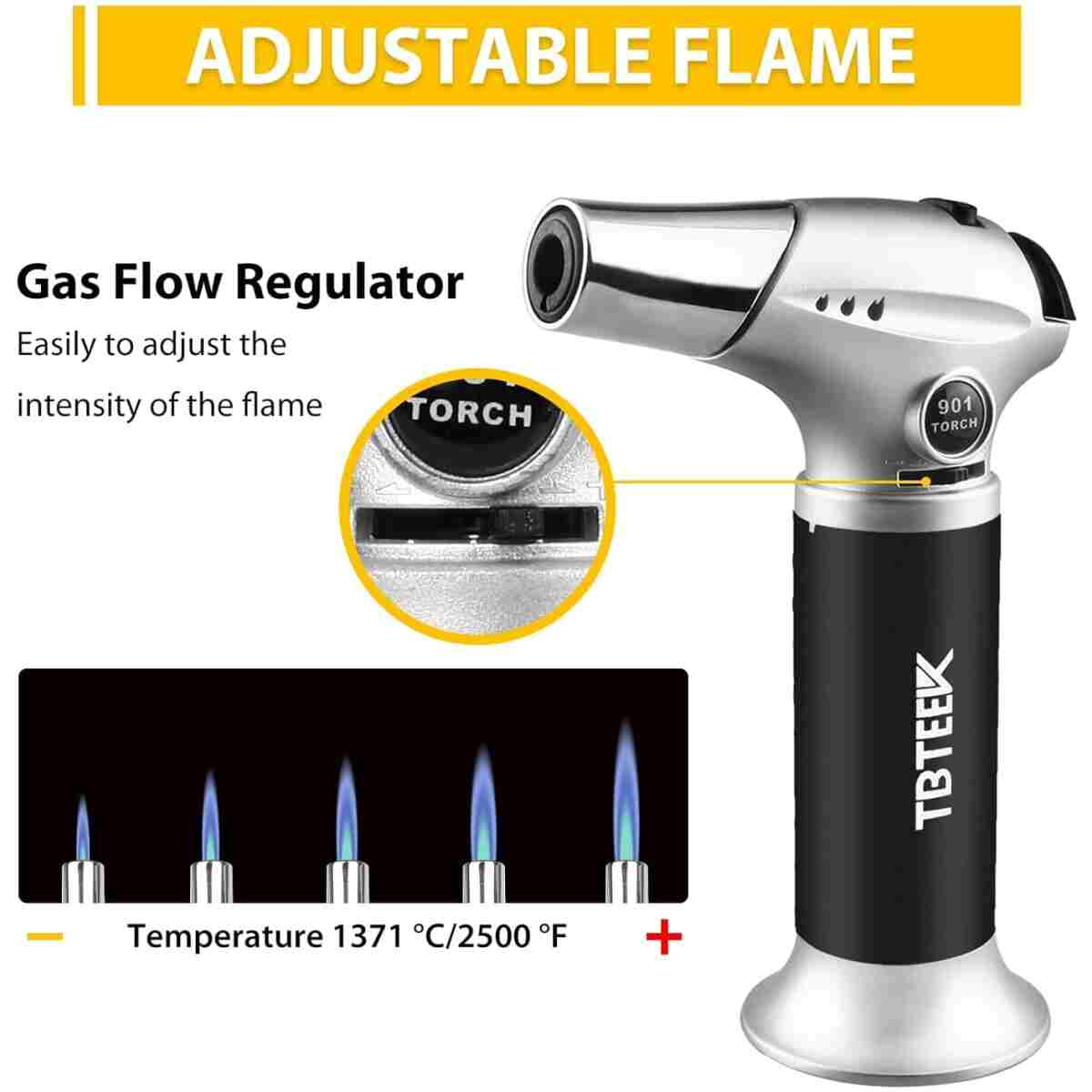 TBTEEK Butane Torch, Kitchen Torch Cooking Torch with Safety Lock & Adjustable Flame for Cooking, BBQ, Baking, Brulee, Creme, DIY Soldering(Butane Not Included)