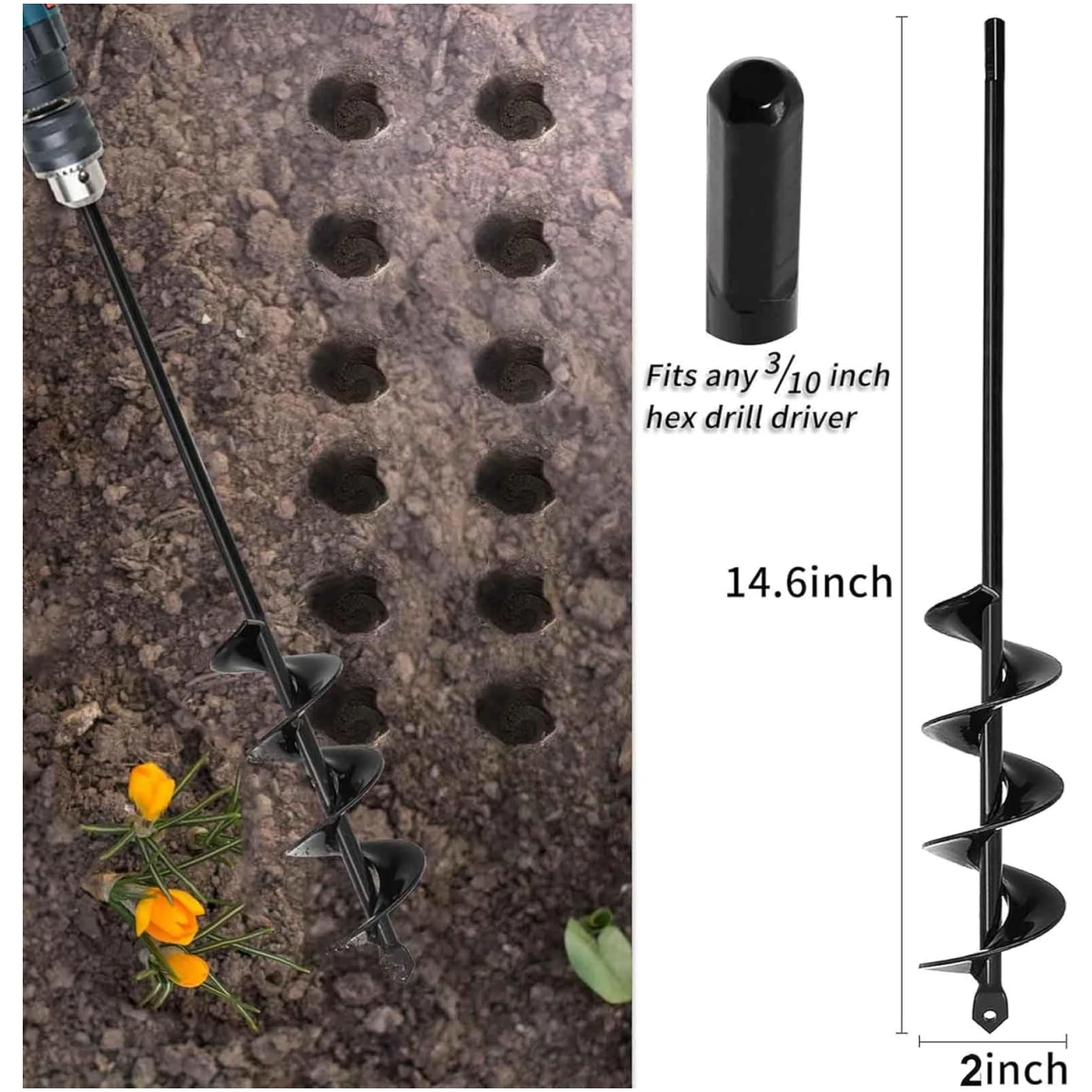 TCBWFY Auger Drill Bit 2x14.6inch Garden Plant Flower Bulb Auger Rapid Planter Bulb & Bedding Plant Auger for 3/8" Hex Drive Earth Drill Fence Post Umbrella Hole Digger