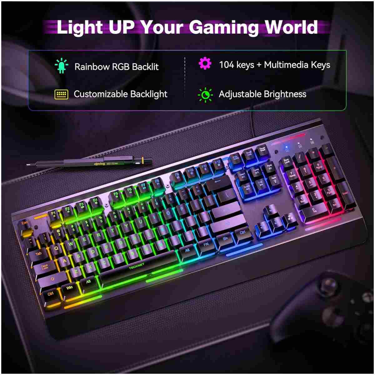 TECKNET Gaming Keyboard, USB Wired Computer Keyboard, 15-Zone RGB Illumination, IP32 Water Resistance, 25 Anti-ghosting Keys, All-Metal Panel (Whisper Quiet Gaming Switch)