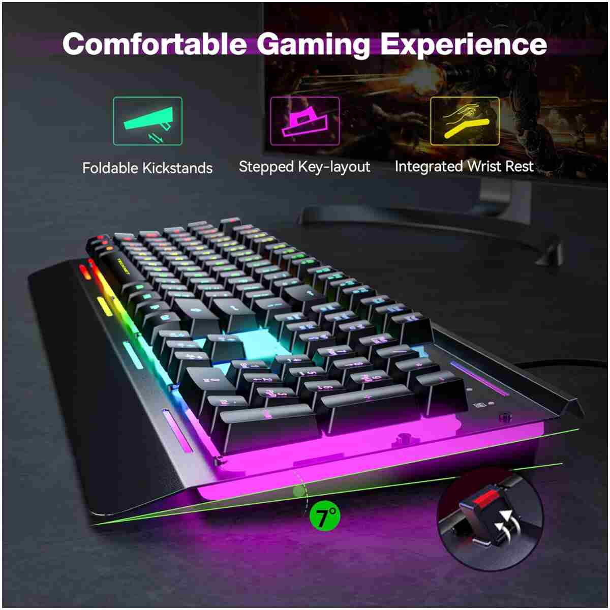 TECKNET Gaming Keyboard, USB Wired Computer Keyboard, 15-Zone RGB Illumination, IP32 Water Resistance, 25 Anti-ghosting Keys, All-Metal Panel (Whisper Quiet Gaming Switch)