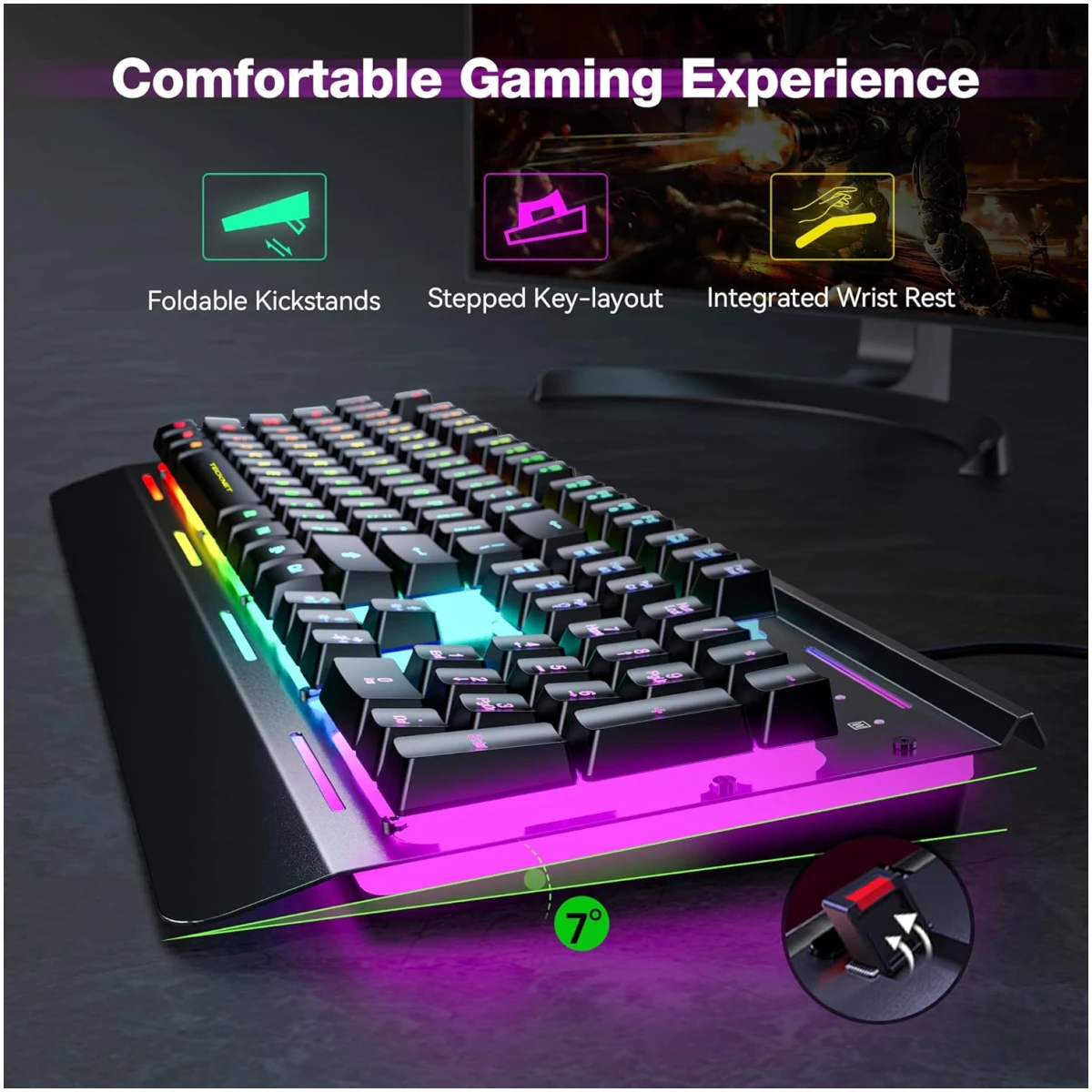 TECKNET Gaming Keyboard, USB Wired Computer Keyboard, 15-Zone RGB Illumination, IP32 Water Resistance, 25 Anti-ghosting Keys, All-Metal Panel (Whisper Quiet Gaming Switch)