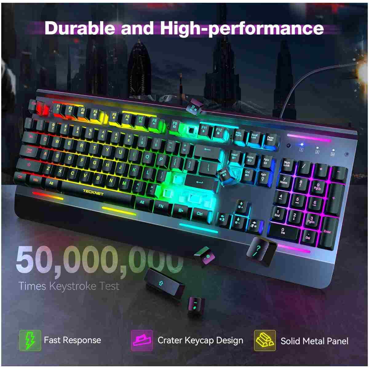 TECKNET Gaming Keyboard, USB Wired Computer Keyboard, 15-Zone RGB Illumination, IP32 Water Resistance, 25 Anti-ghosting Keys, All-Metal Panel (Whisper Quiet Gaming Switch)