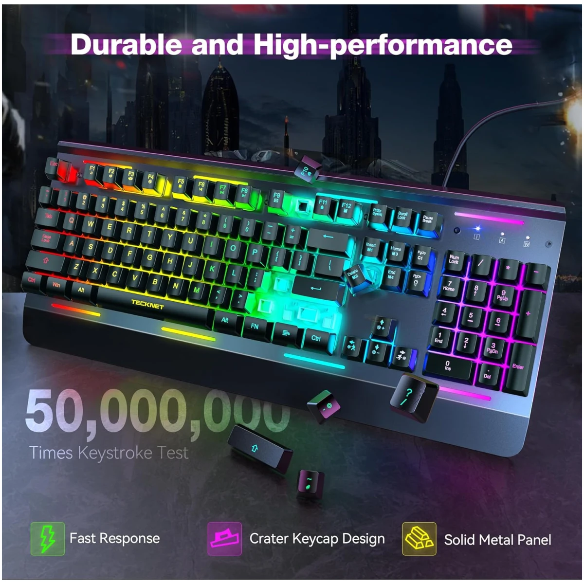 TECKNET Gaming Keyboard, USB Wired Computer Keyboard, 15-Zone RGB Illumination, IP32 Water Resistance, 25 Anti-ghosting Keys, All-Metal Panel (Whisper Quiet Gaming Switch)