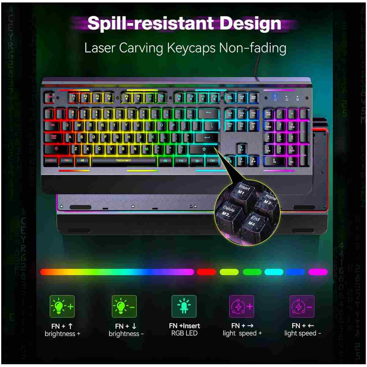 TECKNET Gaming Keyboard, USB Wired Computer Keyboard, 15-Zone RGB Illumination, IP32 Water Resistance, 25 Anti-ghosting Keys, All-Metal Panel (Whisper Quiet Gaming Switch)