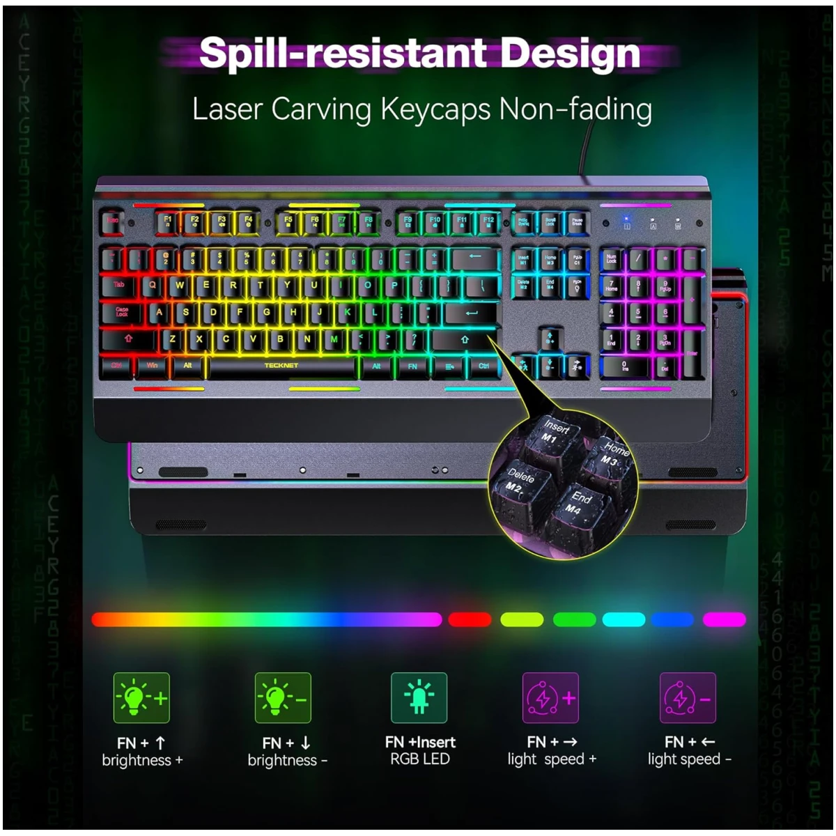 TECKNET Gaming Keyboard, USB Wired Computer Keyboard, 15-Zone RGB Illumination, IP32 Water Resistance, 25 Anti-ghosting Keys, All-Metal Panel (Whisper Quiet Gaming Switch)