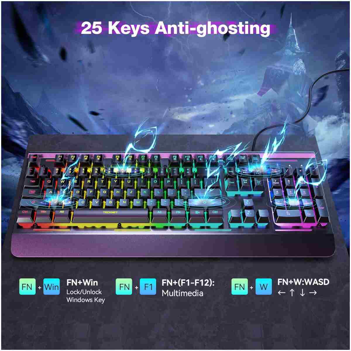 TECKNET Gaming Keyboard, USB Wired Computer Keyboard, 15-Zone RGB Illumination, IP32 Water Resistance, 25 Anti-ghosting Keys, All-Metal Panel (Whisper Quiet Gaming Switch)