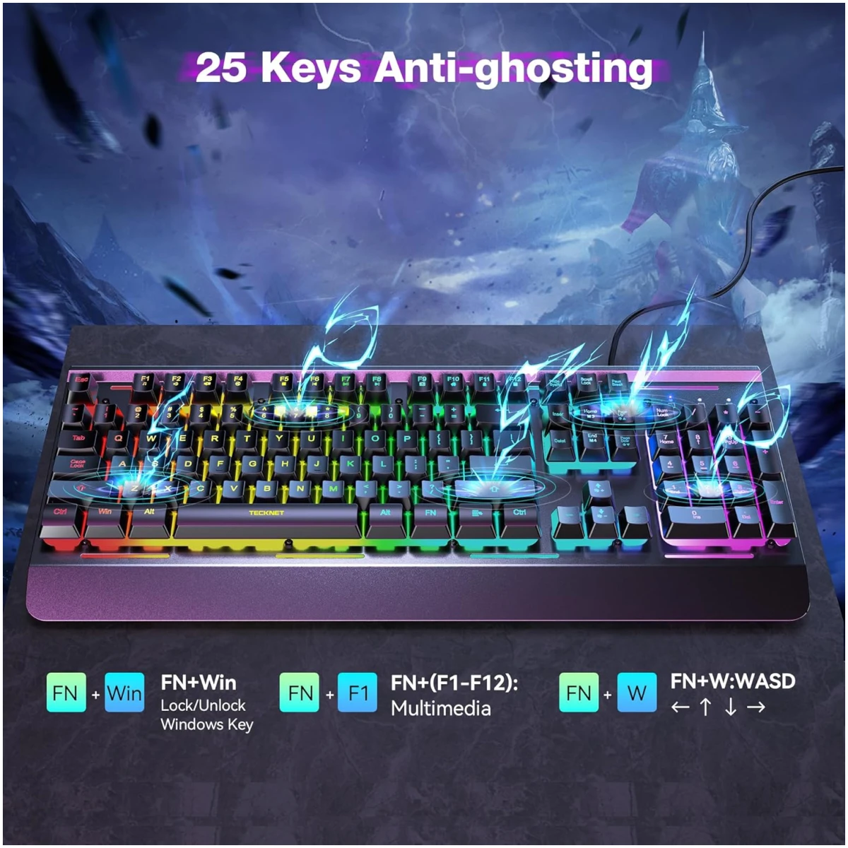 TECKNET Gaming Keyboard, USB Wired Computer Keyboard, 15-Zone RGB Illumination, IP32 Water Resistance, 25 Anti-ghosting Keys, All-Metal Panel (Whisper Quiet Gaming Switch)