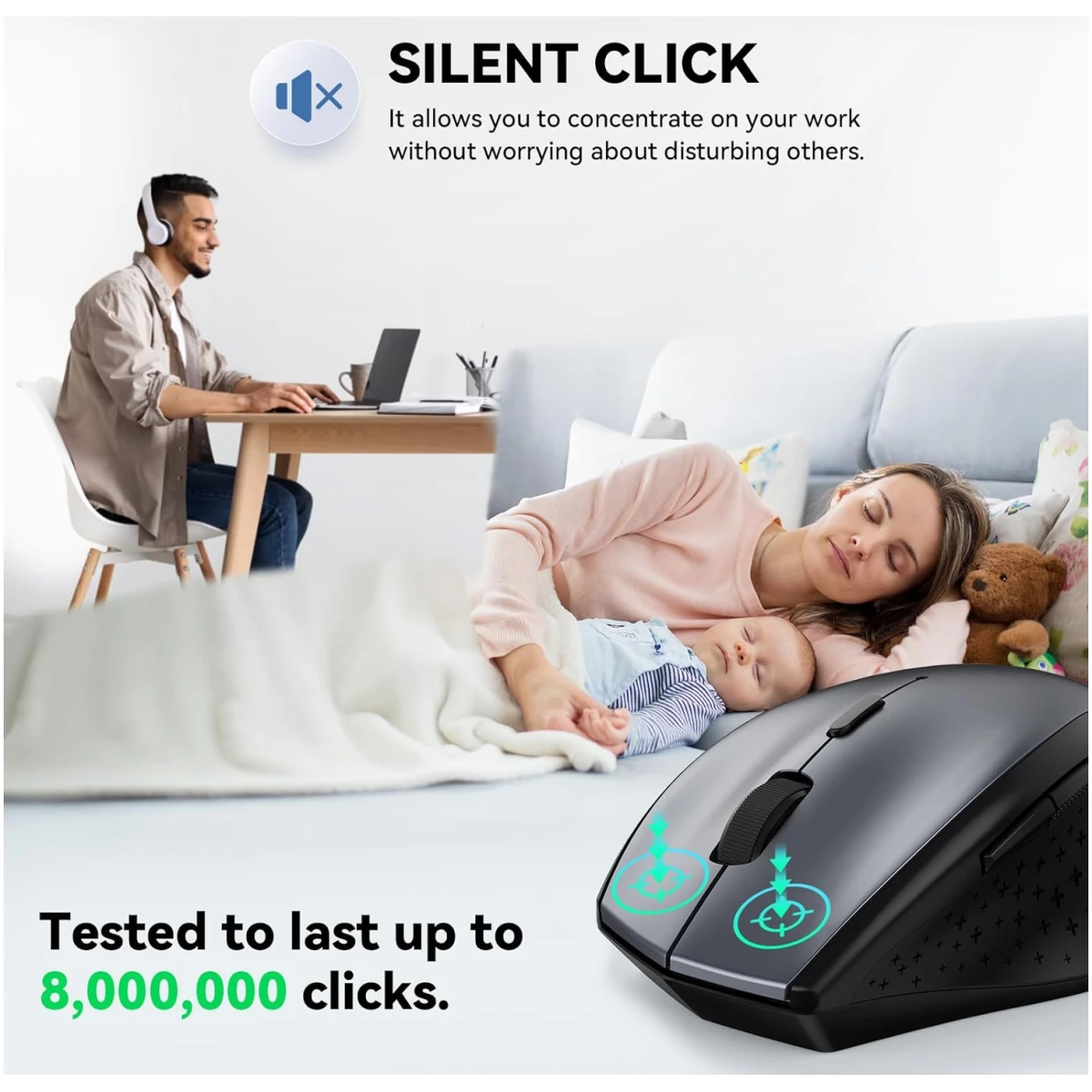 TECKNET Wireless Mouse, 2.4G USB Computer Mouse with 6-Level Adjustable 4800 DPI, Silent Mouse Quiet Click，30 Months Battery, Ergonomic Grips, 6 Buttons Portable for PC,...