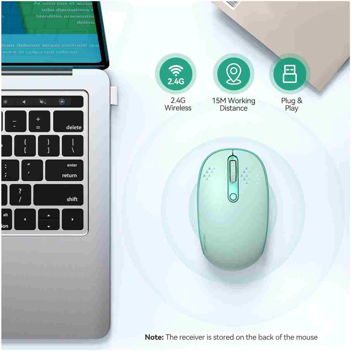 TECKNET Wireless Mouse for Laptop, 2.4G Quiet Computer Mouse with USB Receiver, 4 Buttons Portable Cordless Mice for Chromebook, Laptop, PC, Mac, 800/1200/1600 DPI - Mint Green