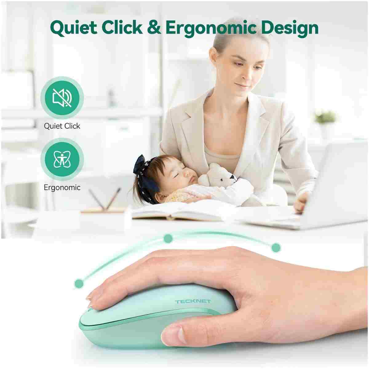 TECKNET Wireless Mouse for Laptop, 2.4G Quiet Computer Mouse with USB Receiver, 4 Buttons Portable Cordless Mice for Chromebook, Laptop, PC, Mac, 800/1200/1600 DPI - Mint Green