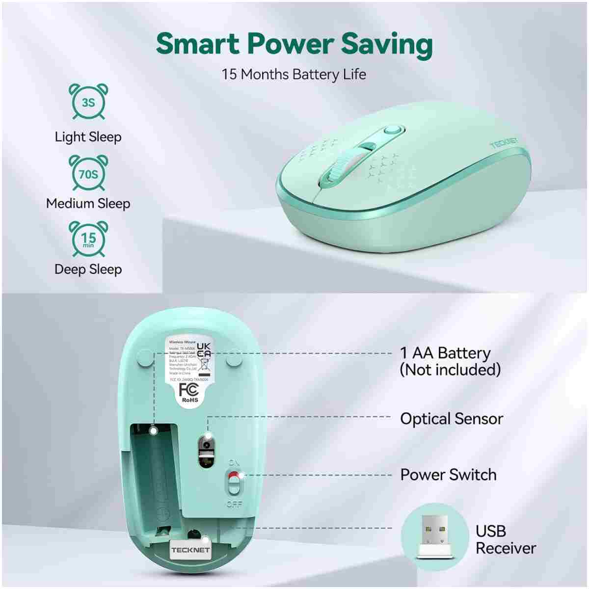 TECKNET Wireless Mouse for Laptop, 2.4G Quiet Computer Mouse with USB Receiver, 4 Buttons Portable Cordless Mice for Chromebook, Laptop, PC, Mac, 800/1200/1600 DPI - Mint Green