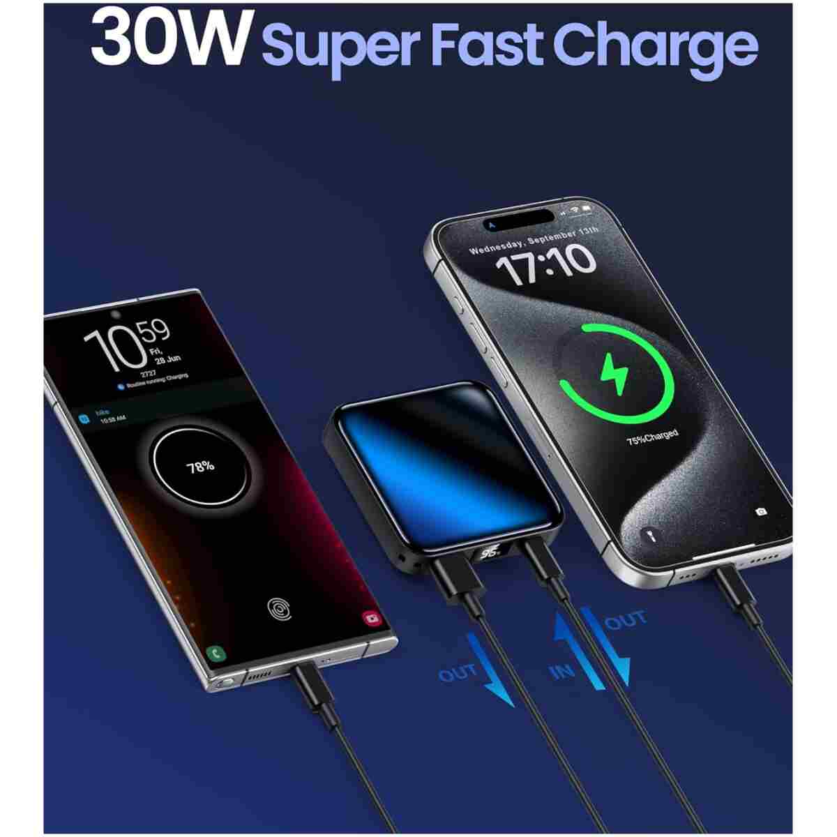 The Smallest and Lightest 10000mAh Small Power Bank，Fast charge Mini Portable Charger, USB C Input/Output with External Battery Pack, Smart LED Display，Suitable for iPhone,...