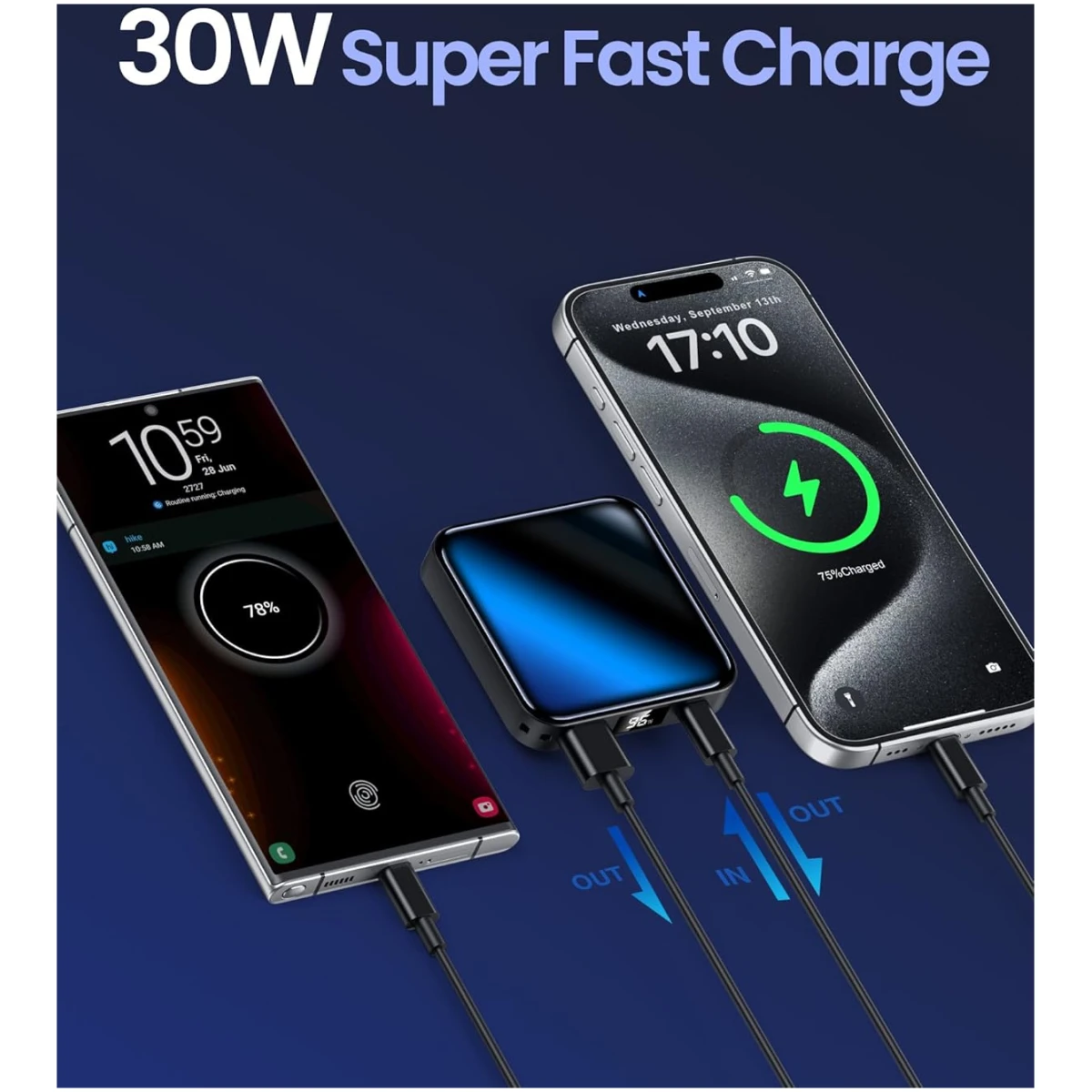 The Smallest and Lightest 10000mAh Small Power Bank，Fast charge Mini Portable Charger, USB C Input/Output with External Battery Pack, Smart LED Display，Suitable for iPhone,...
