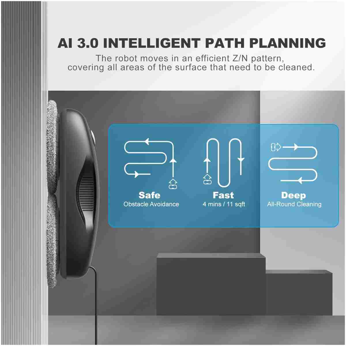 Tosima Window Cleaning Robot W2S, Automatic Cleaning with Intelligent Path Planning, 3800Pa Suction Power, Edge Detection Technology, Remote Control