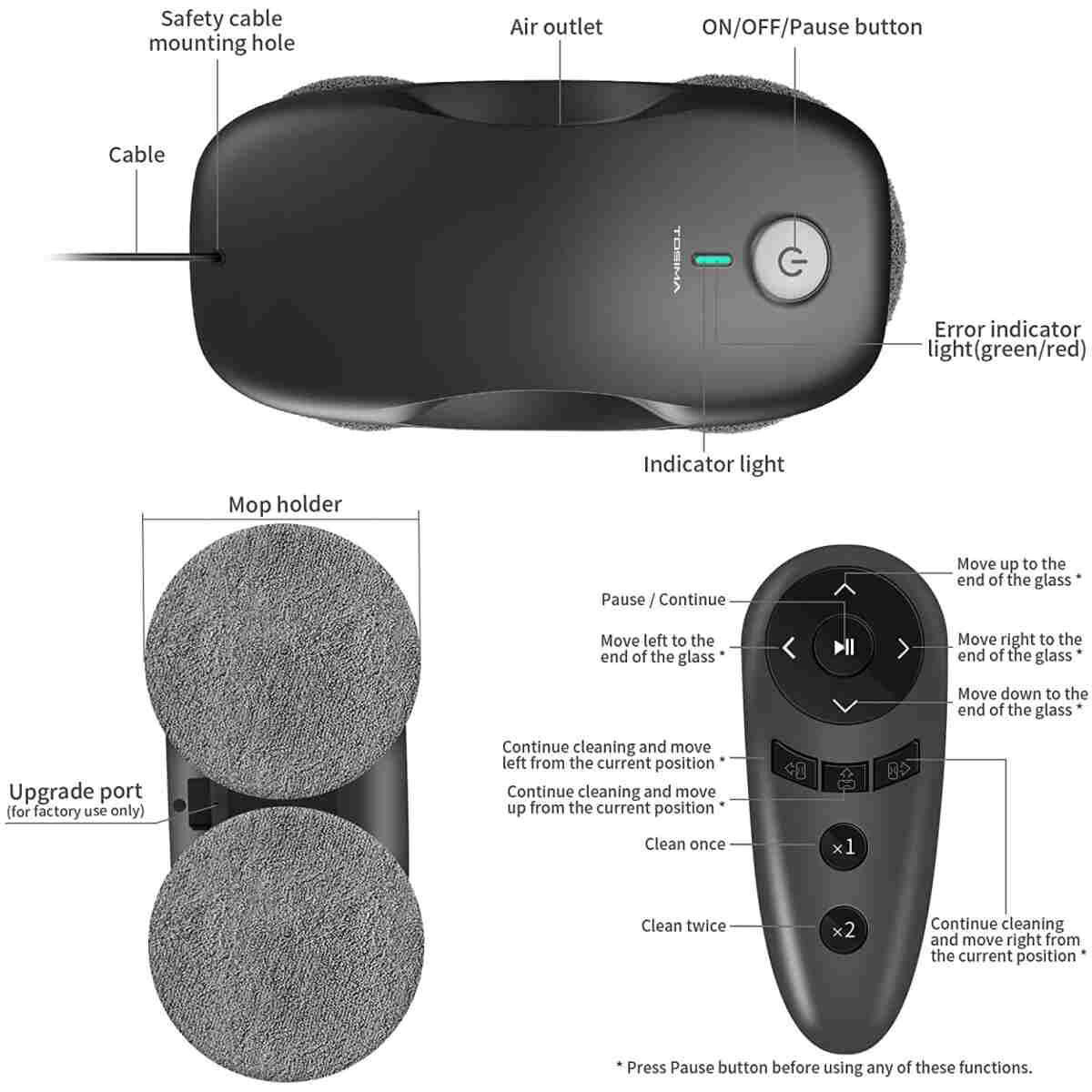 Tosima Window Cleaning Robot W2S, Automatic Cleaning with Intelligent Path Planning, 3800Pa Suction Power, Edge Detection Technology, Remote Control