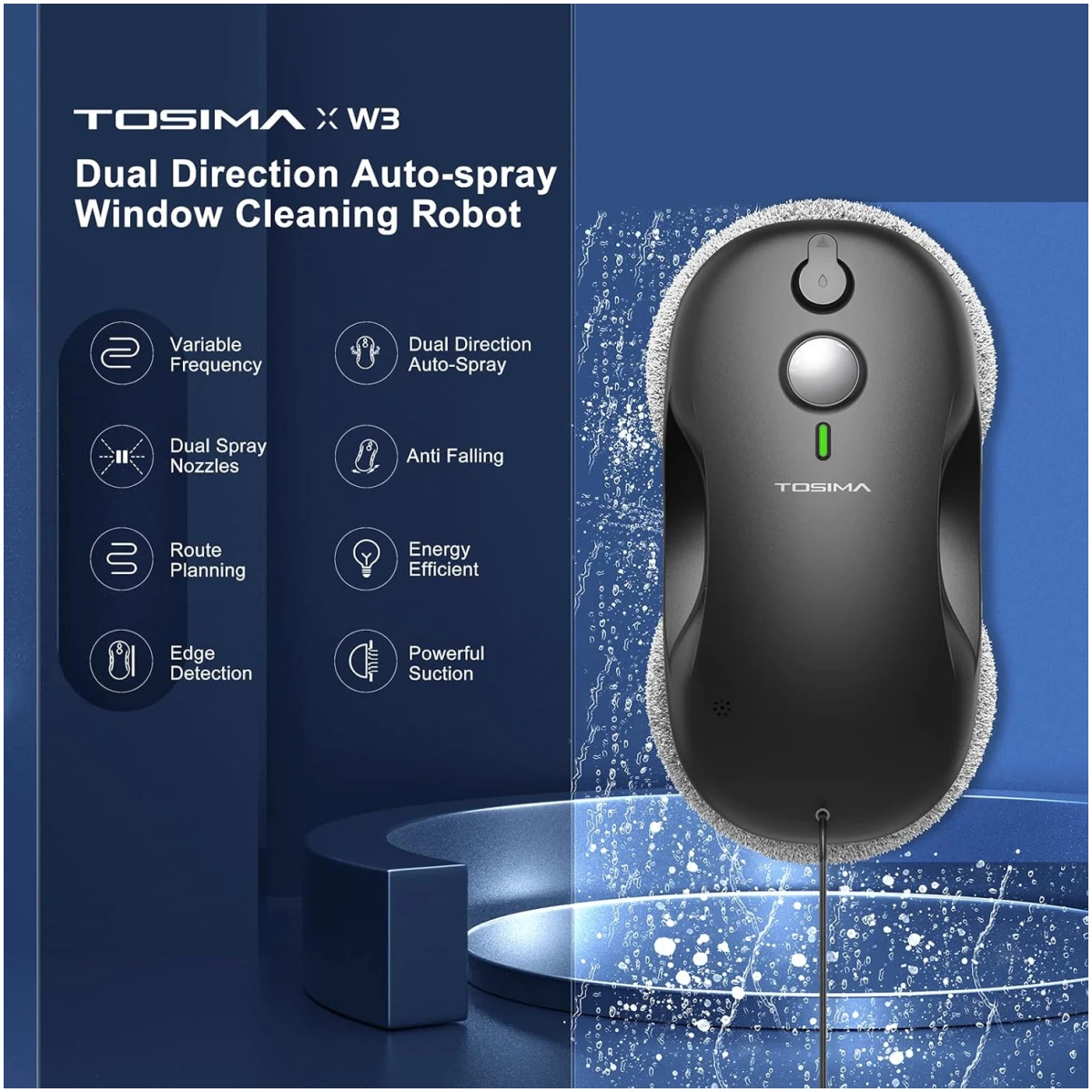 Tosima Window Cleaning Robot W2S, Automatic Cleaning with Intelligent Path Planning, 3800Pa Suction Power, Edge Detection Technology, Remote Control