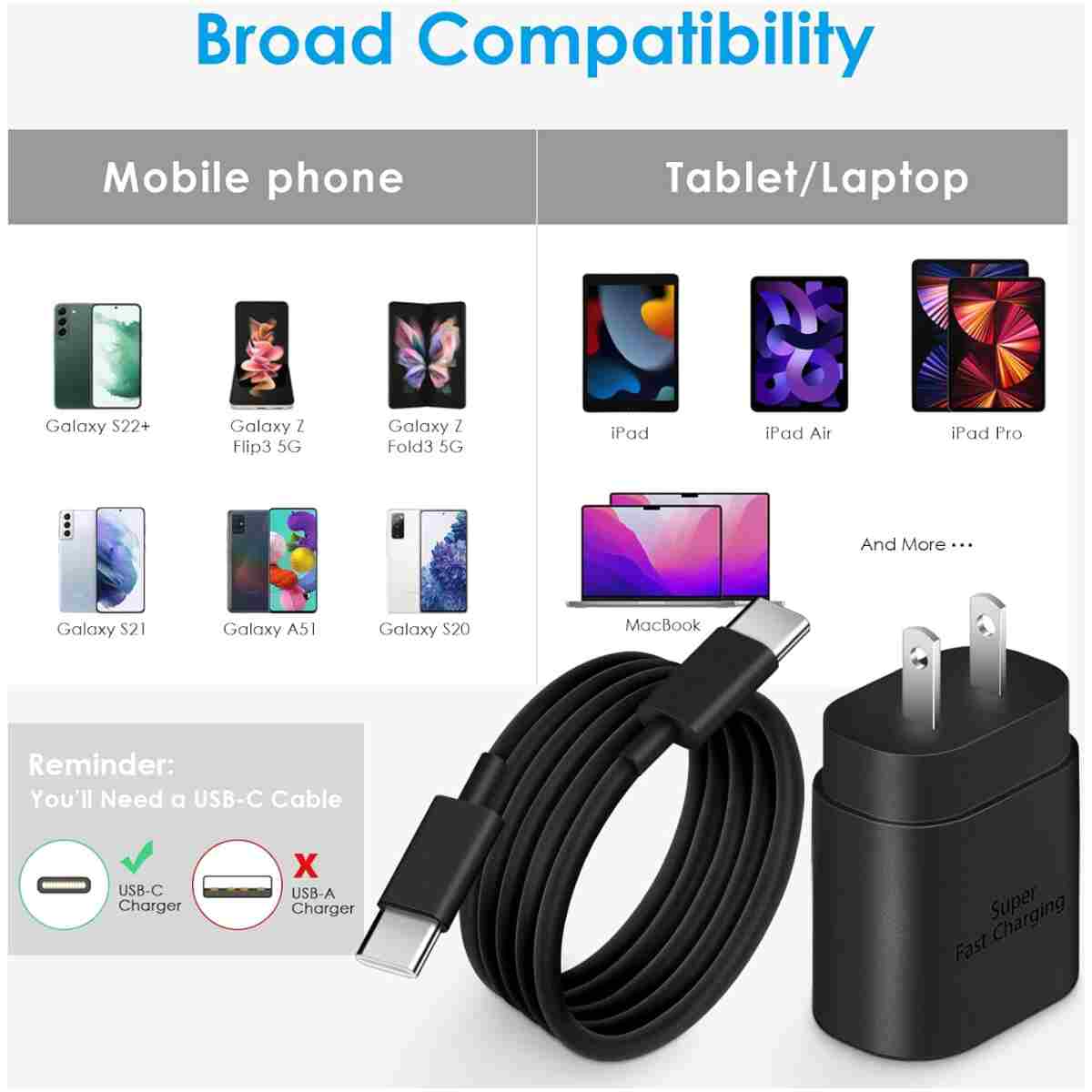 Type C Charger Fast Charging 25W, USB-C Block with C-to-C Cable [PD PPS Compatible] for Galaxy S23/S22/S21 Series/Note 20/10/9 Series/Pixel 4XL/4/3XL