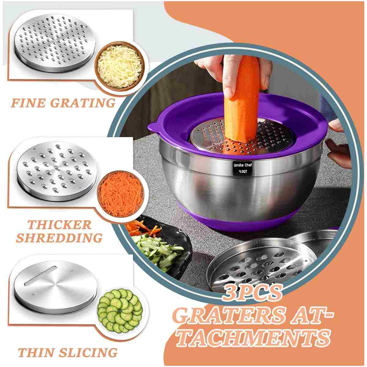 Umite Chef Mixing Bowls with Airtight Lids, 26Pcs Stainless Steel Bowls Set, 3 Grater Attachments & Colorful Non-Slip Bottoms Size 7, 4, 2.5, 2.0,1.5, 1QT, Great for Mixing &...
