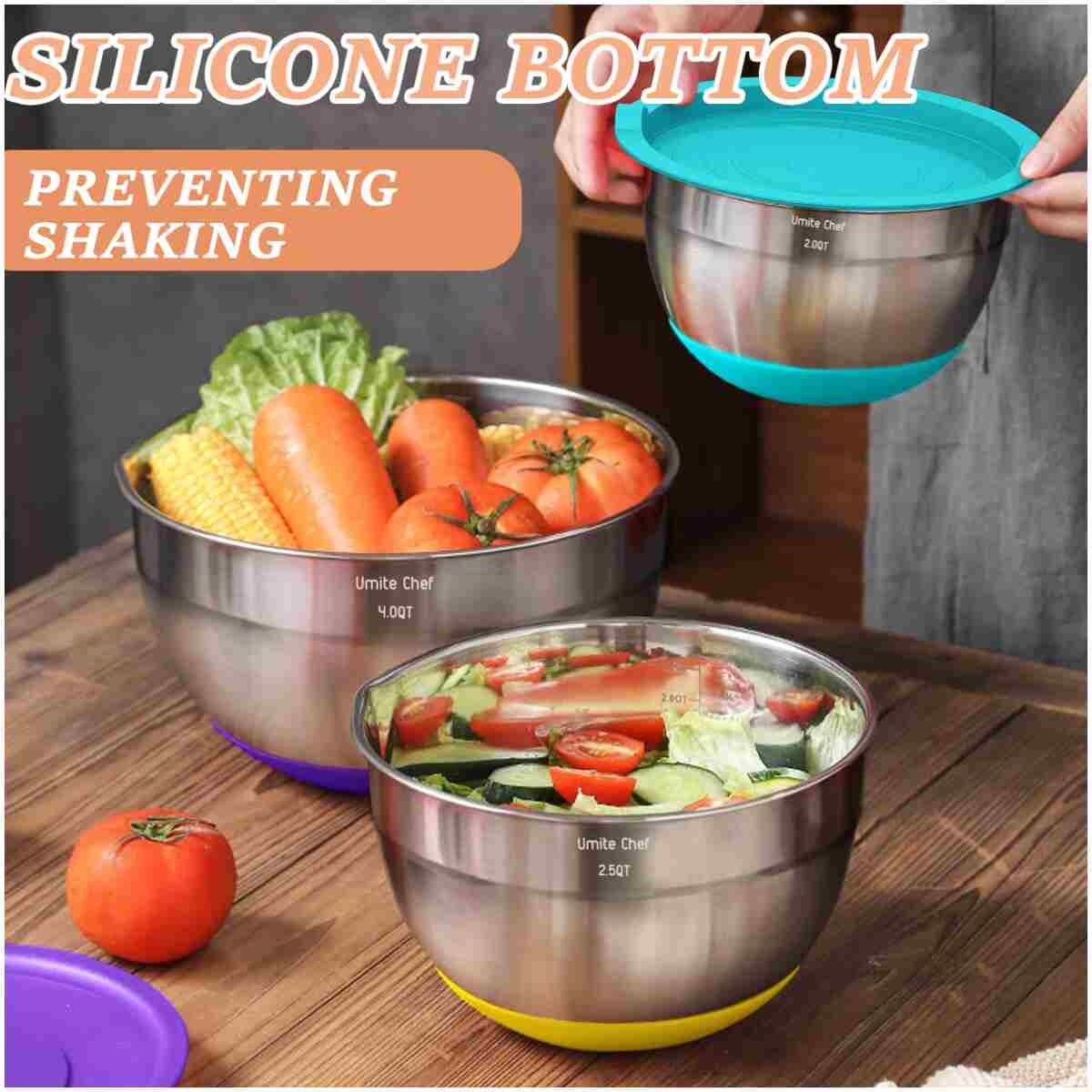 Umite Chef Mixing Bowls with Airtight Lids, 26Pcs Stainless Steel Bowls Set, 3 Grater Attachments & Colorful Non-Slip Bottoms Size 7, 4, 2.5, 2.0,1.5, 1QT, Great for Mixing &...