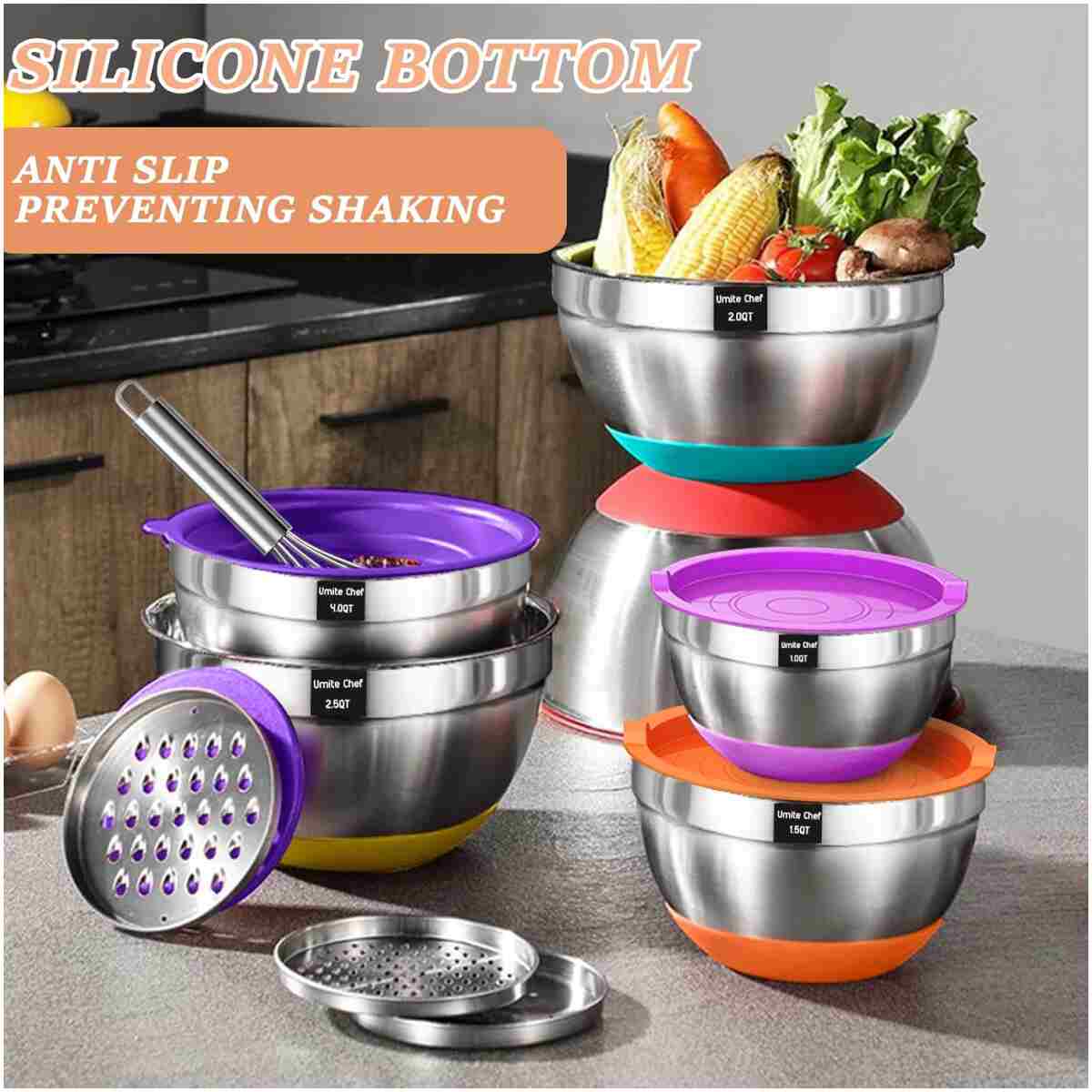 Umite Chef Mixing Bowls with Airtight Lids, 26Pcs Stainless Steel Bowls Set, 3 Grater Attachments & Colorful Non-Slip Bottoms Size 7, 4, 2.5, 2.0,1.5, 1QT, Great for Mixing &...