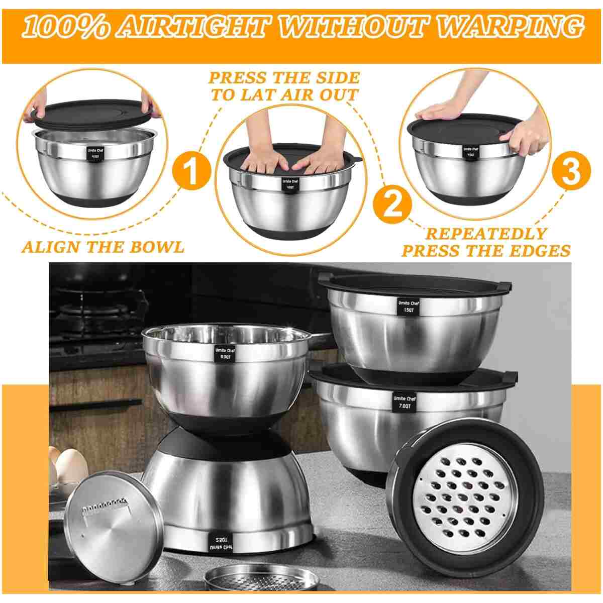 Umite Chef Mixing Bowls with Airtight Lids, 26Pcs Stainless Steel Bowls Set, 3 Grater Attachments & Black Non-Slip Bottoms Size 7, 4, 2.5, 2.0,1.5, 1QT, Great for Mixing & Serving
