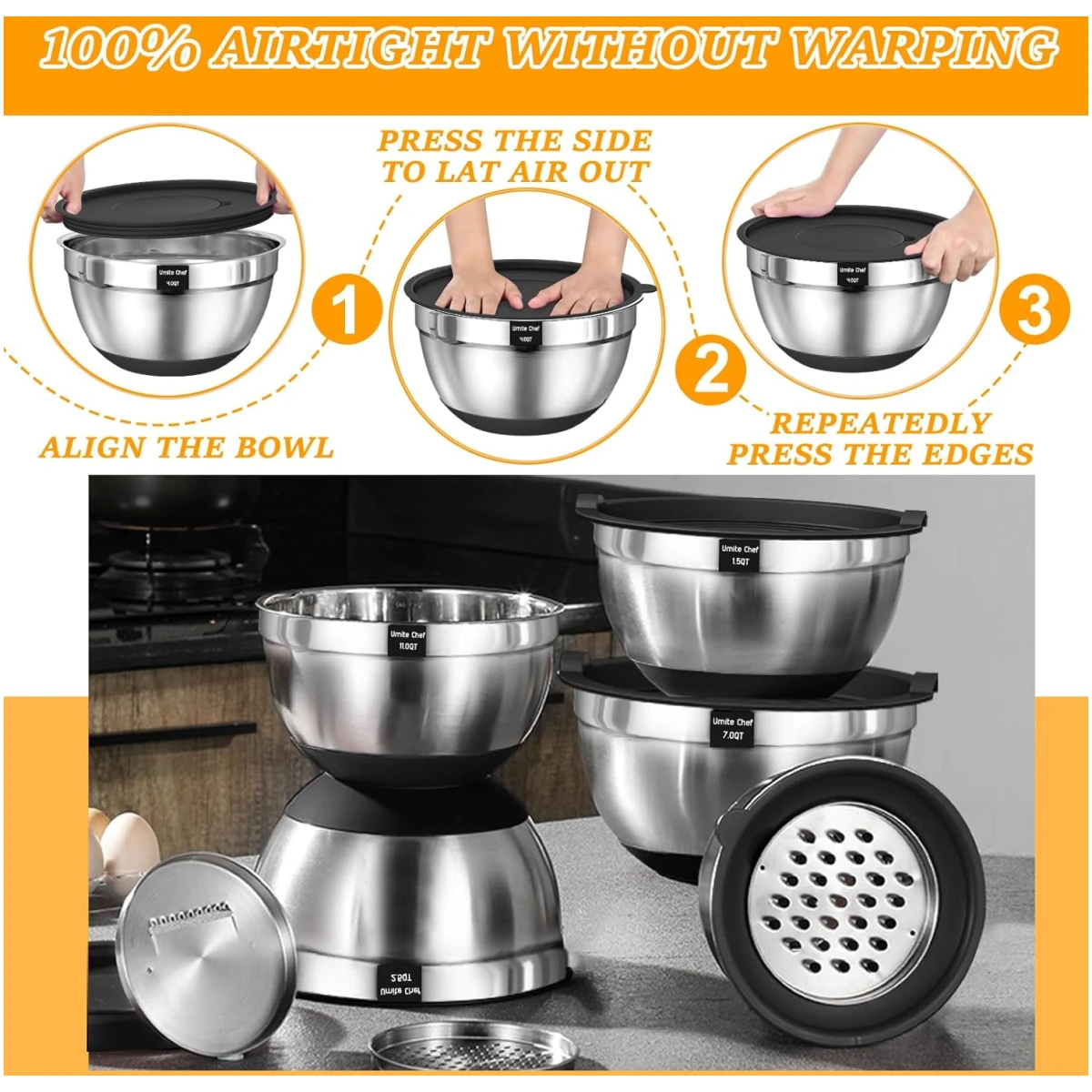 Umite Chef Mixing Bowls with Airtight Lids, 26Pcs Stainless Steel Bowls Set, 3 Grater Attachments & Black Non-Slip Bottoms Size 7, 4, 2.5, 2.0,1.5, 1QT, Great for Mixing & Serving