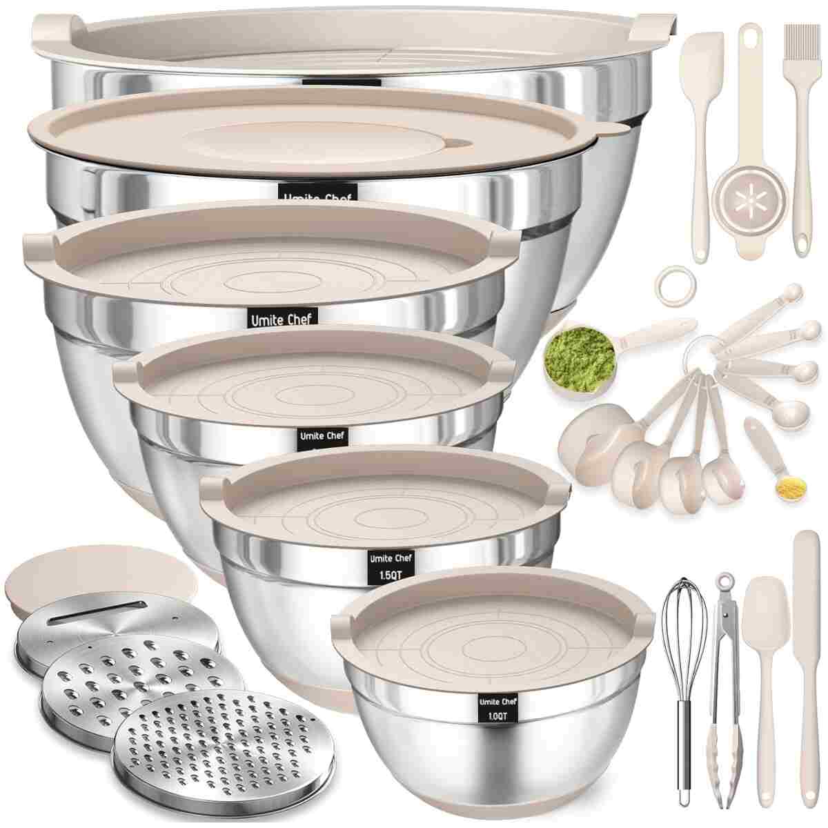 Umite Chef Mixing Bowls with Airtight Lids, 26Pcs Stainless Steel Bowls Set, 3 Grater Attachments & Black Non-Slip Bottoms Size 7, 4, 2.5, 2.0,1.5, 1QT, Great for Mixing & Serving