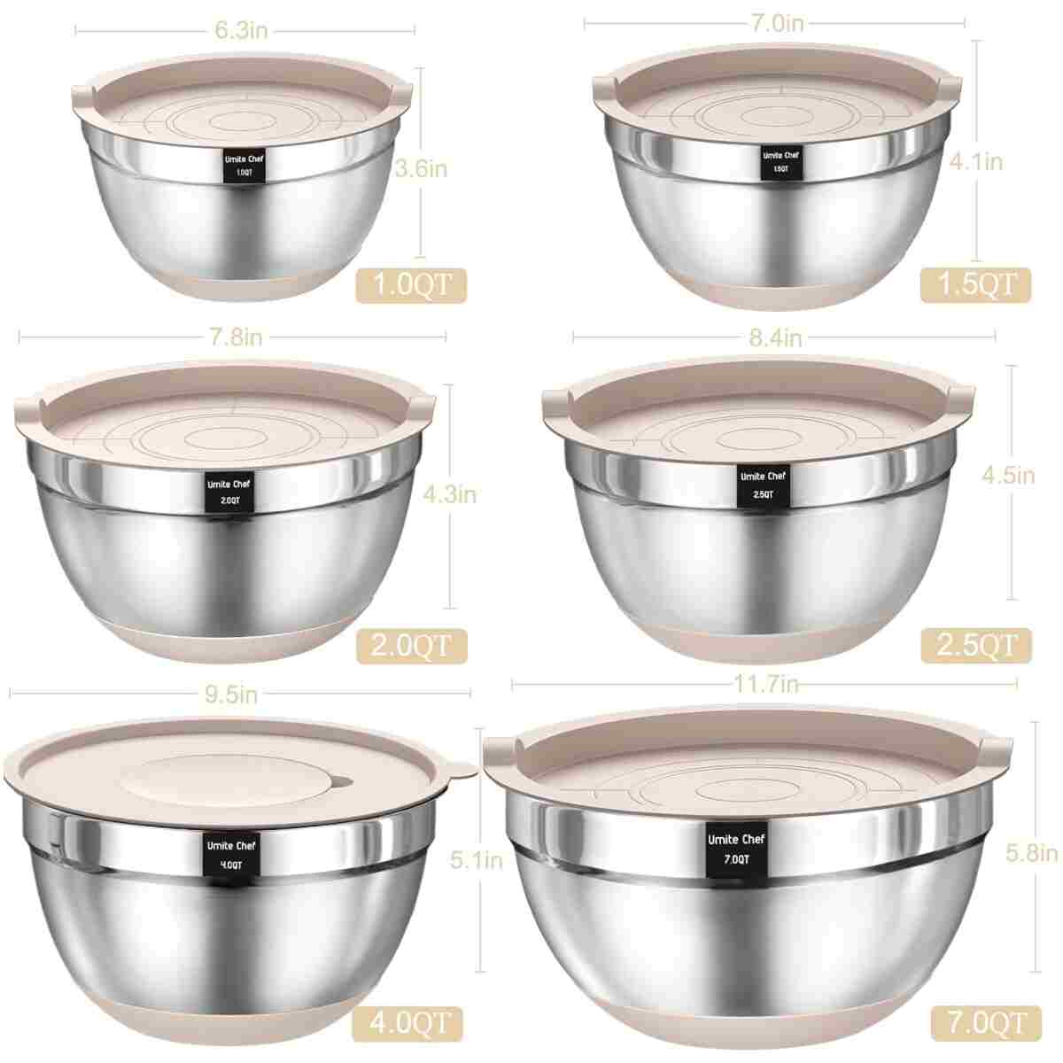 Umite Chef Mixing Bowls with Airtight Lids, 26Pcs Stainless Steel Bowls Set, 3 Grater Attachments & Black Non-Slip Bottoms Size 7, 4, 2.5, 2.0,1.5, 1QT, Great for Mixing & Serving