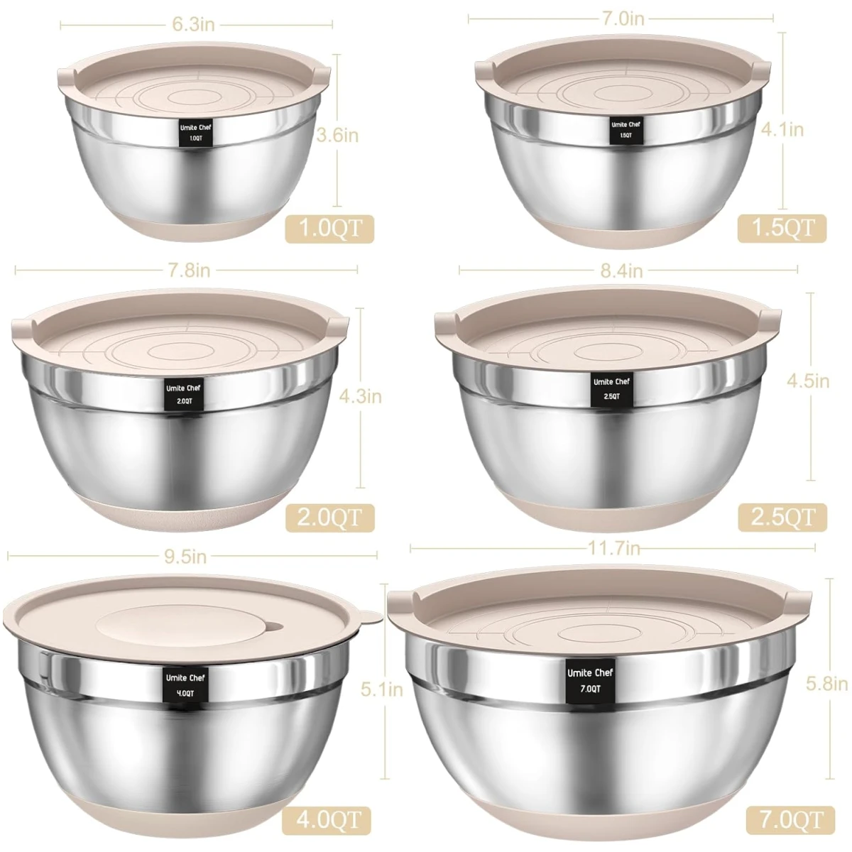 Umite Chef Mixing Bowls with Airtight Lids, 26Pcs Stainless Steel Bowls Set, 3 Grater Attachments & Black Non-Slip Bottoms Size 7, 4, 2.5, 2.0,1.5, 1QT, Great for Mixing & Serving