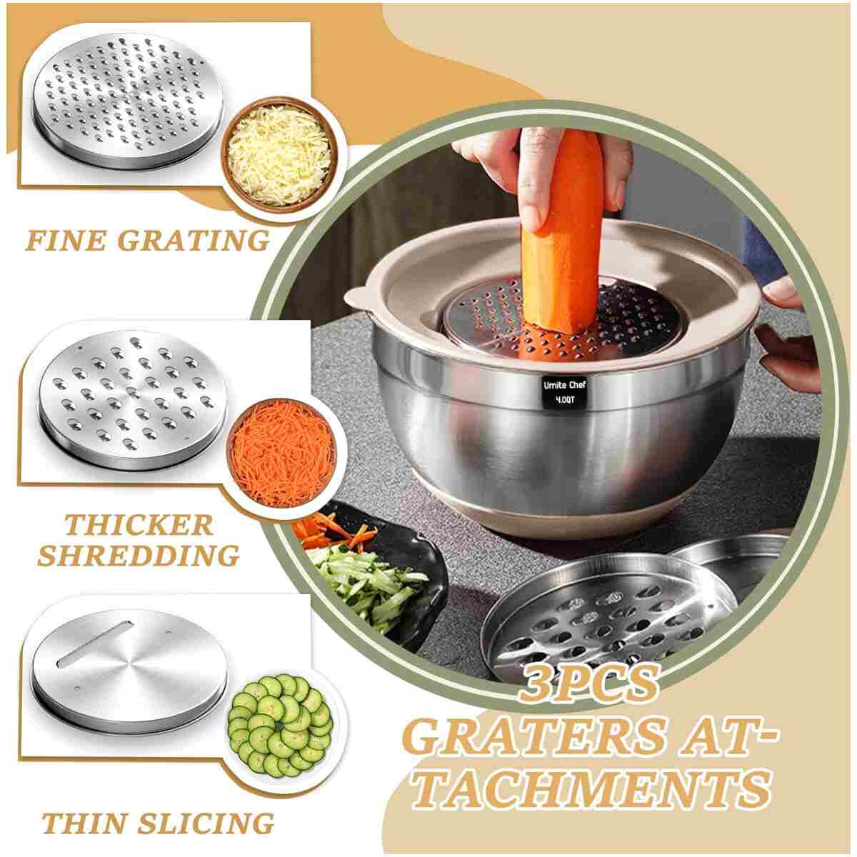 Umite Chef Mixing Bowls with Airtight Lids, 26Pcs Stainless Steel Bowls Set, 3 Grater Attachments & Black Non-Slip Bottoms Size 7, 4, 2.5, 2.0,1.5, 1QT, Great for Mixing & Serving