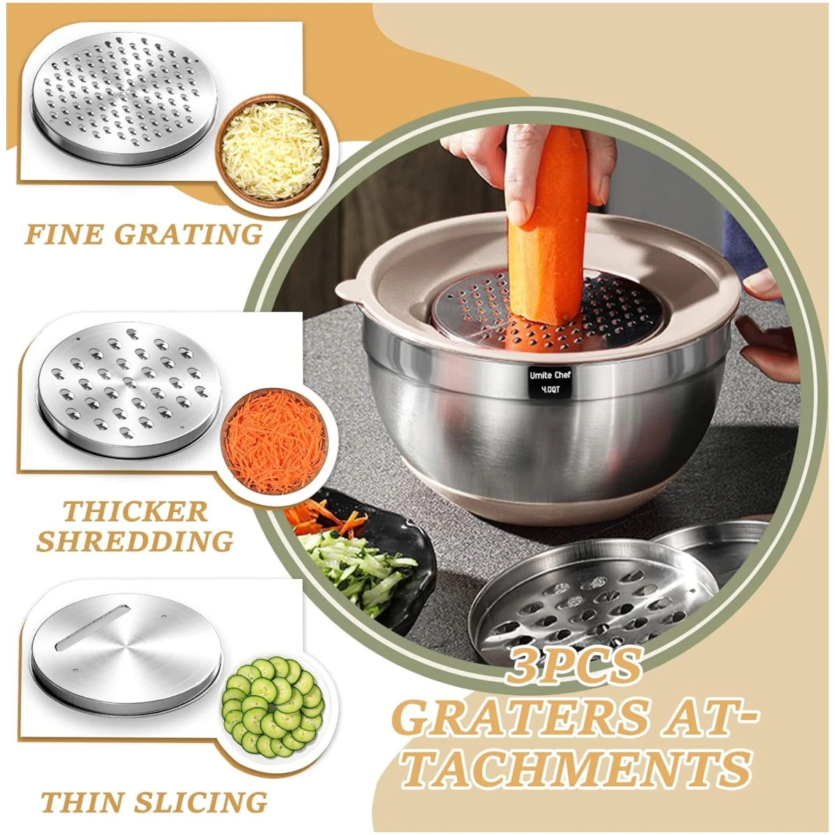 Umite Chef Mixing Bowls with Airtight Lids, 26Pcs Stainless Steel Bowls Set, 3 Grater Attachments & Black Non-Slip Bottoms Size 7, 4, 2.5, 2.0,1.5, 1QT, Great for Mixing & Serving