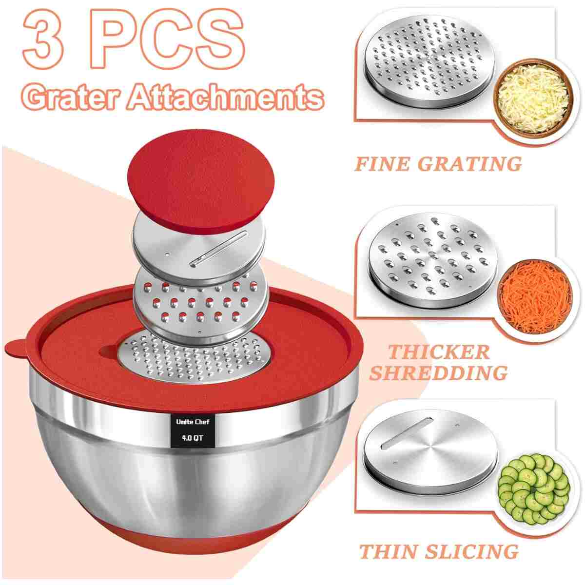 Umite Chef Mixing Bowls with Airtight Lids Set, 8PCS Stainless Steel Nesting Bowls Set, 3 Grater Attachments & Non-Slip Bottoms, Size 5, 4, 3.5, 2, 1.5QT for Baking &...