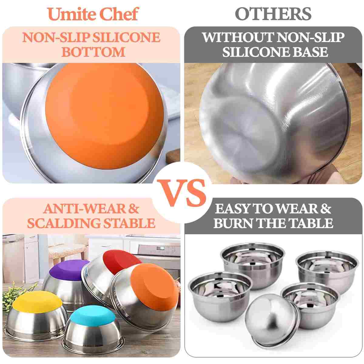 Umite Chef Mixing Bowls with Airtight Lids Set, 8PCS Stainless Steel Nesting Bowls Set, 3 Grater Attachments & Non-Slip Bottoms, Size 5, 4, 3.5, 2, 1.5QT for Baking &...