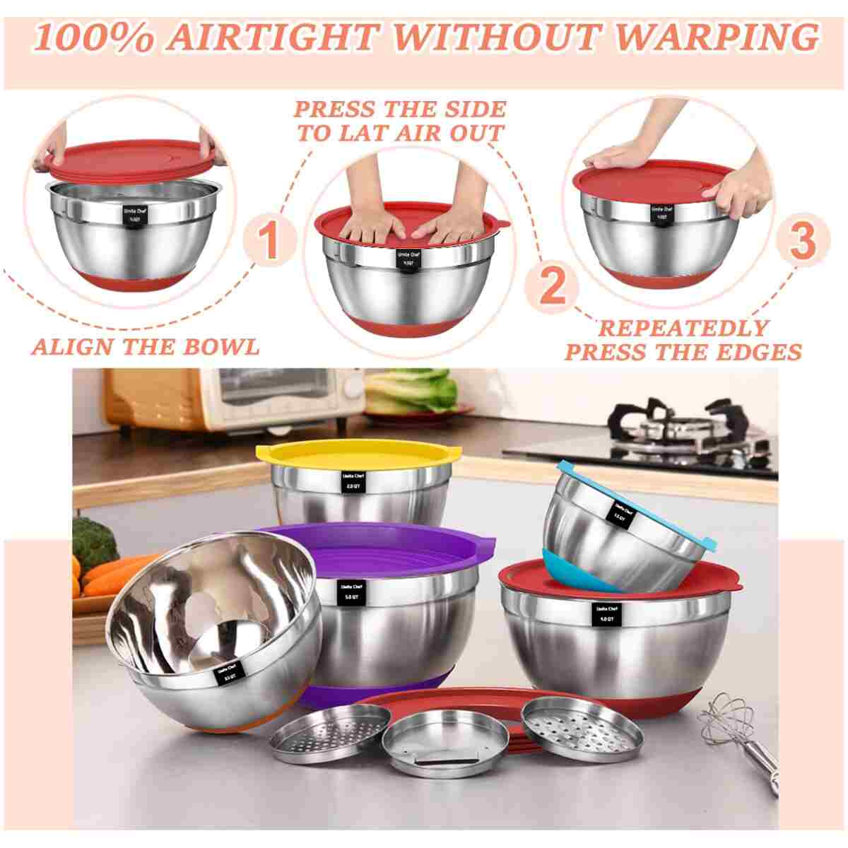 Umite Chef Mixing Bowls with Airtight Lids Set, 8PCS Stainless Steel Nesting Bowls Set, 3 Grater Attachments & Non-Slip Bottoms, Size 5, 4, 3.5, 2, 1.5QT for Baking &...