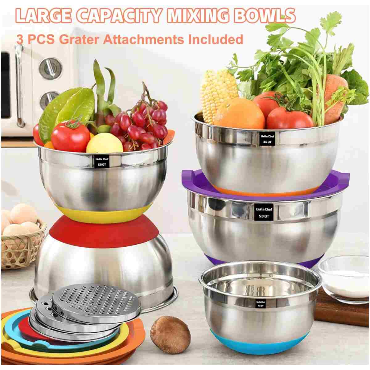 Umite Chef Mixing Bowls with Airtight Lids Set, 8PCS Stainless Steel Nesting Bowls Set, 3 Grater Attachments & Non-Slip Bottoms, Size 5, 4, 3.5, 2, 1.5QT for Baking &...
