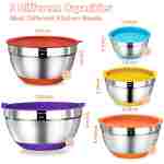 Umite Chef Mixing Bowls with Airtight Lids Set, 8PCS Stainless Steel Nesting Bowls Set, 3 Grater Attachments & Non-Slip Bottoms, Size 5, 4, 3.5, 2, 1.5QT for Baking &...