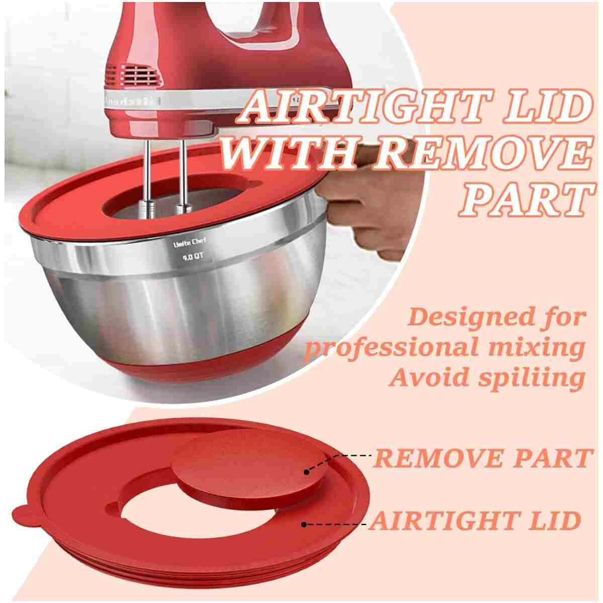 Umite Chef Mixing Bowls with Airtight Lids Set, 8PCS Stainless Steel Nesting Bowls Set, 3 Grater Attachments & Non-Slip Bottoms, Size 5, 4, 3.5, 2, 1.5QT for Baking &...