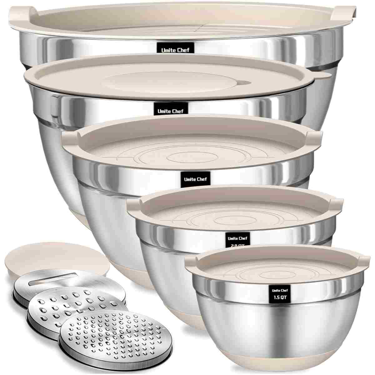 Umite Chef Mixing Bowls with Airtight Lids Set, 8PCS Stainless Steel Nesting Bowls Set, 3 Grater Attachments & Non-Slip Bottoms, Size 5, 4, 3.5, 2, 1.5QT for Baking &...
