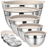 Umite Chef Mixing Bowls with Airtight Lids Set, 8PCS Stainless Steel Nesting Bowls Set, 3 Grater Attachments & Non-Slip Bottoms, Size 5, 4, 3.5, 2, 1.5QT for Baking &...