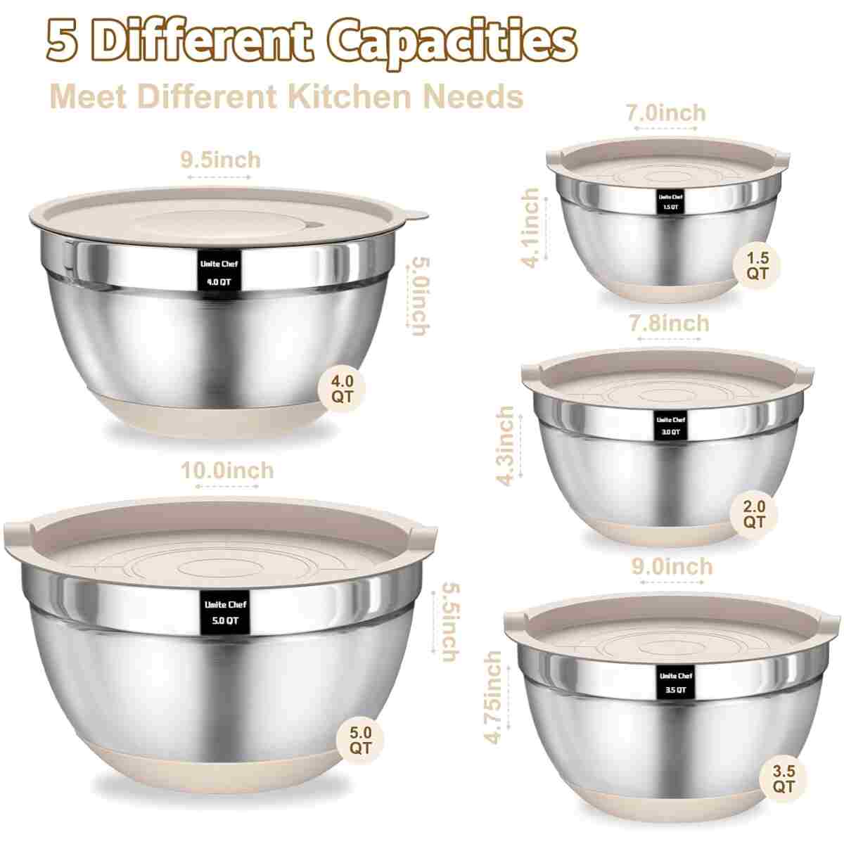 Umite Chef Mixing Bowls with Airtight Lids Set, 8PCS Stainless Steel Nesting Bowls Set, 3 Grater Attachments & Non-Slip Bottoms, Size 5, 4, 3.5, 2, 1.5QT for Baking &...