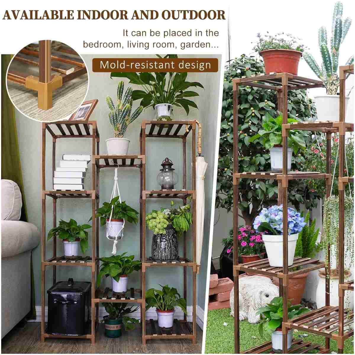 Uneedem Plant Stand Indoor Outdoor, Tall Plant Shelf for Multiple Plants, 10 tiers 11 Pot Large Plant Rack Wood Plant Holder Plant Shelves for Room Corner Balcony Garden Patio