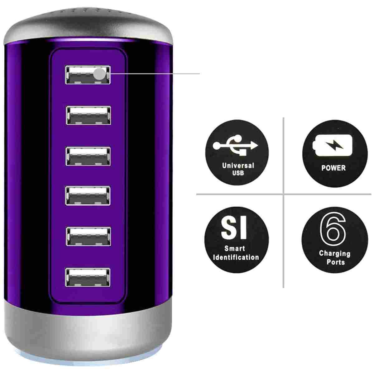 Universal USB Charger 6-Port Desktop USB Charging Station Hub with Smart Identification Technology Compatible with iPhone iPad Cell Phone Tablets(Purple)