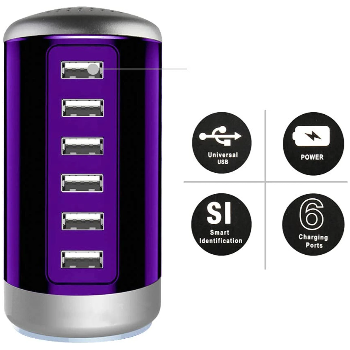 Universal USB Charger 6-Port Desktop USB Charging Station Hub with Smart Identification Technology Compatible with iPhone iPad Cell Phone Tablets(Purple)