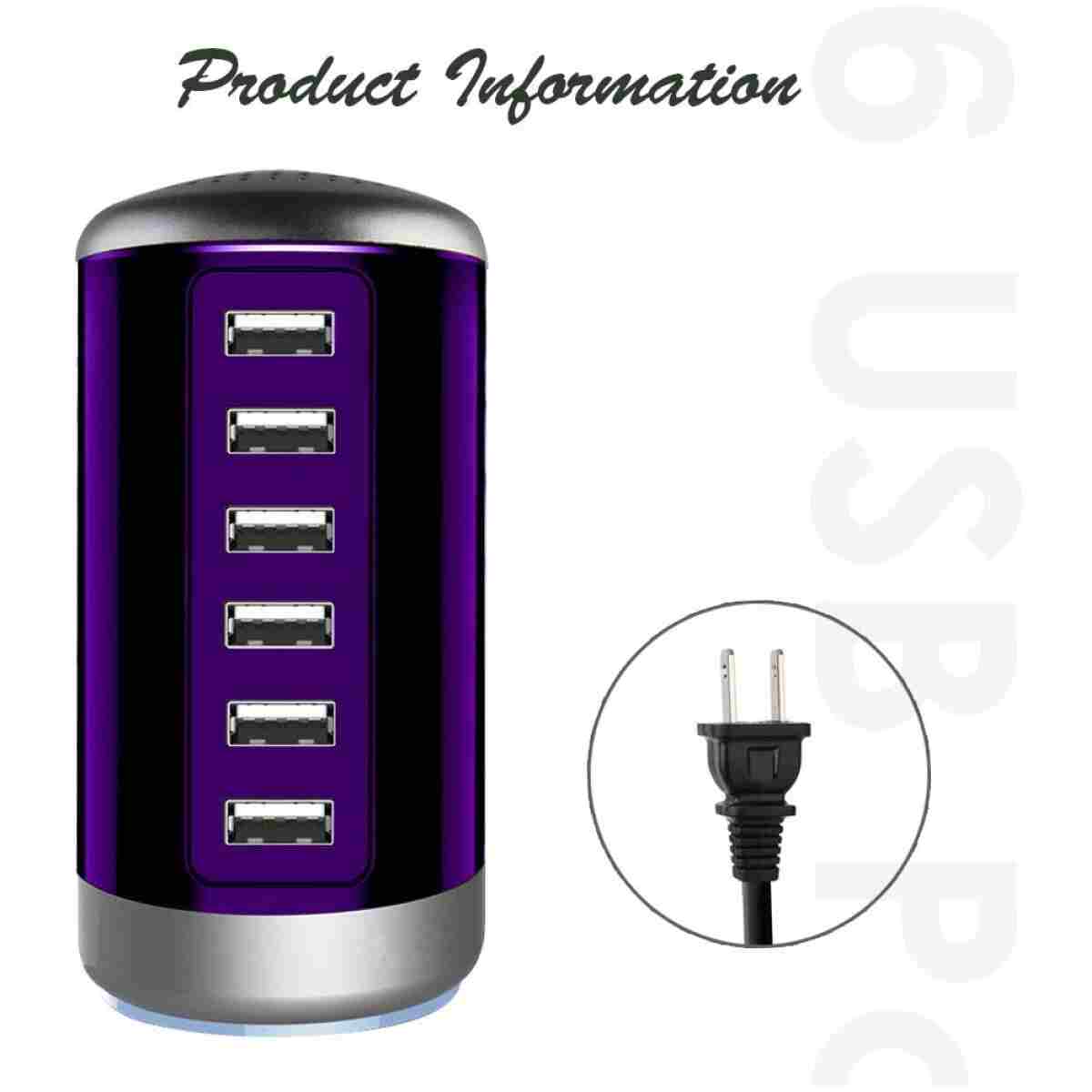 Universal USB Charger 6-Port Desktop USB Charging Station Hub with Smart Identification Technology Compatible with iPhone iPad Cell Phone Tablets(Purple)